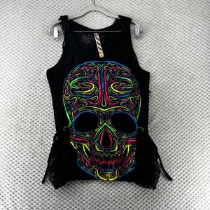 Esquizo Skull Tank‎ Top Tattoo Lace Trim Coverup Hooded Graphic Print Black L